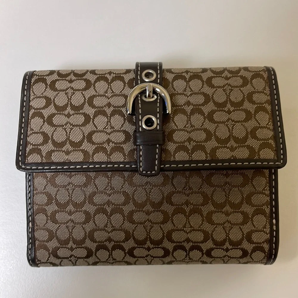 Coach Brown Signature Canvas Wallet with Buckle Detail